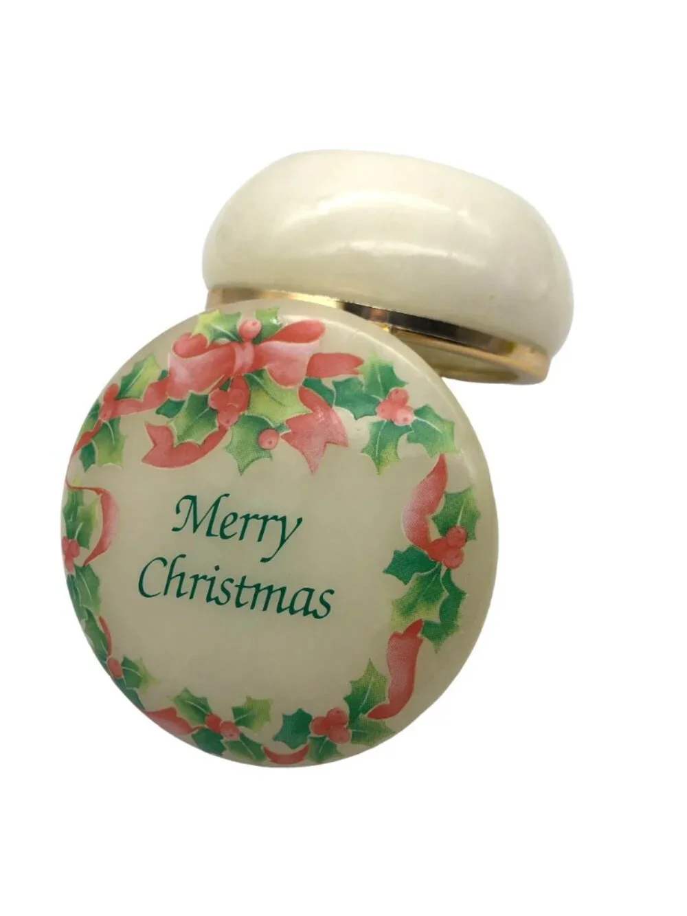 Genuine Alabaster Merry Christmas Hand Carved Trinket Jewelry Box Holly Border